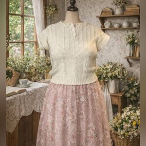 Vintage 1990s Jacklyn Smith Cream Cable Knit Short Sleeve, Sweater/Top